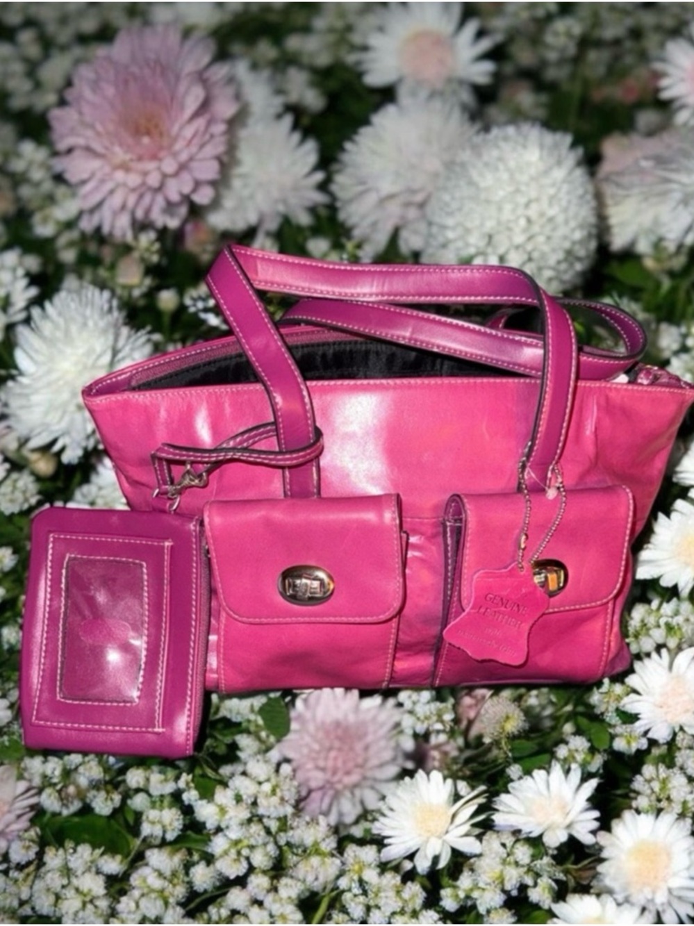 Gianni Bernini Pink Genuine Leather Handbag Set Wallet & Card Holder NWOT